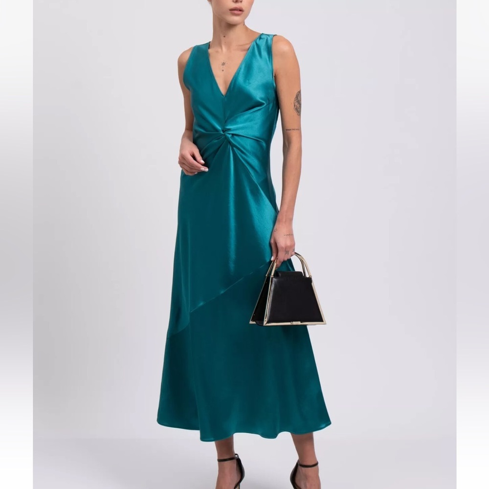 Anthro Pinko $378 Green Satin Twist  Midi Bias Cut Slip Dress Size 38 US 2 XS